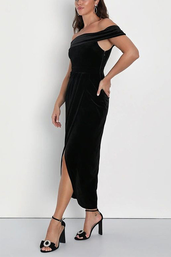 Elegant velvet one-shoulder slit dress