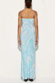 Sunny Horizon Unique Print V-neck Slit Slip Maxi Dress