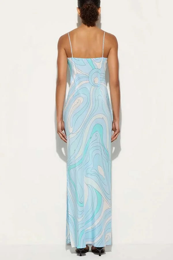 Sunny Horizon Unique Print V-neck Slit Slip Maxi Dress