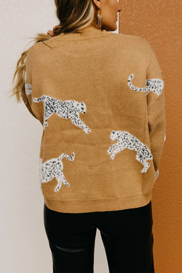 Camel Color Animal Print Drop Shoulder Knit Sweater