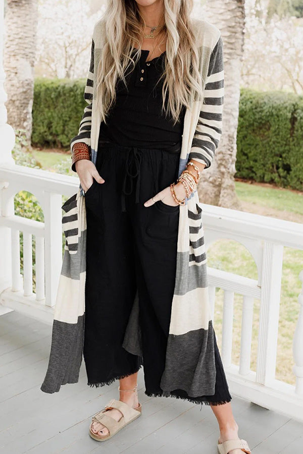 Striped Pockets Open Front Split Long Cardigan