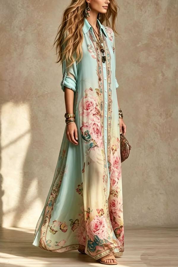 Mint Green Rose & Butterfly Print Collared Long Shirt Dress