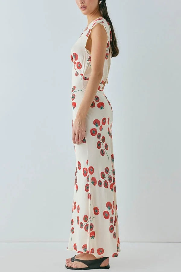 Vintage Inspired Tomato Print Lace Trim Open Back Tie-up Maxi Dress