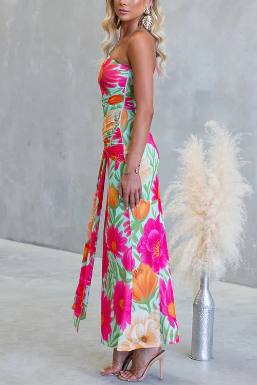 One Shoulder Sleeveless Floral Print Draped Maxi Dress