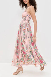 Delicate Forest Unique Print Sweetheart Neck Beaded Straps Maxi Dress