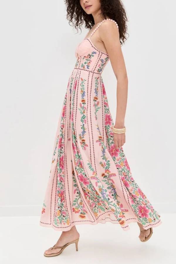 Delicate Forest Unique Print Sweetheart Neck Beaded Straps Maxi Dress