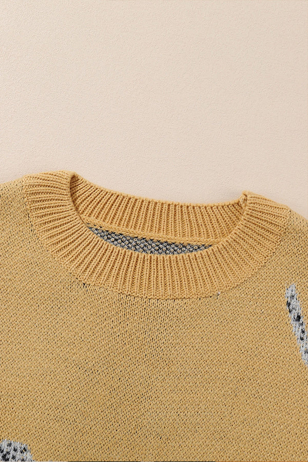 Camel Color Animal Print Drop Shoulder Knit Sweater