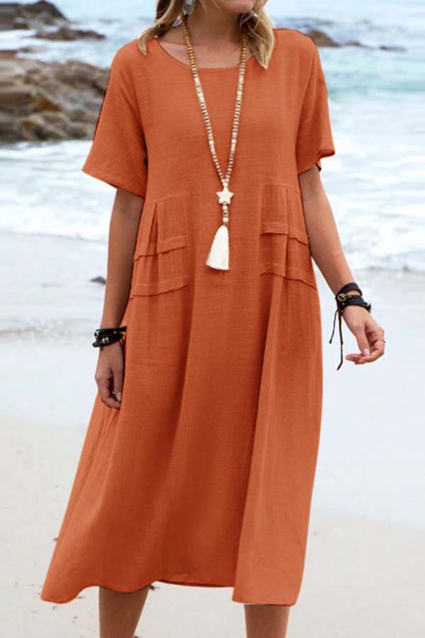 Summer loose casual cotton and linen solid color round neck short-sleeved mid-length dress