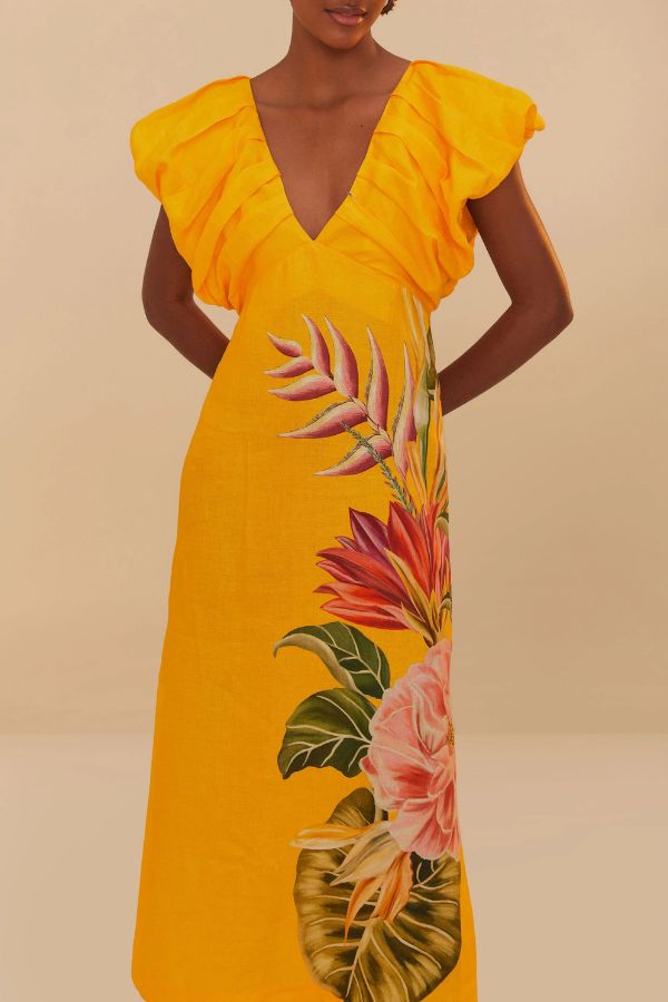Plant Print V-neck Open Back Holiday Style Slit Midi Dress