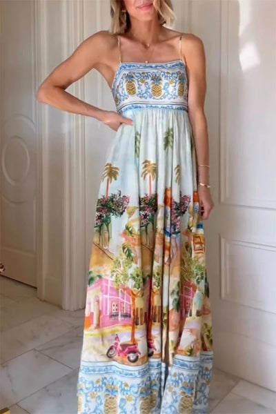 Aracati Multicolor Unique Print Back Smocked Pocket Maxi Dress