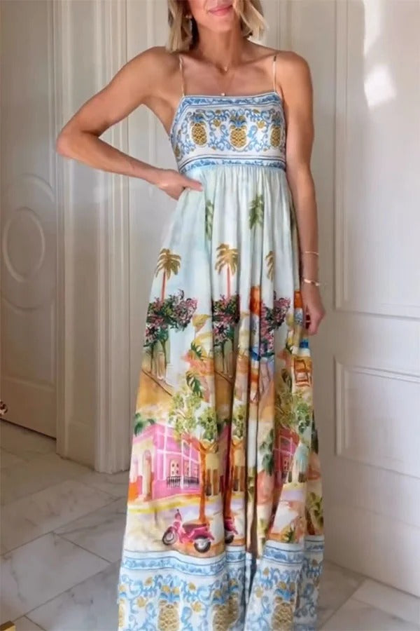 Aracati Multicolor Unique Print Back Smocked Pocket Maxi Dress