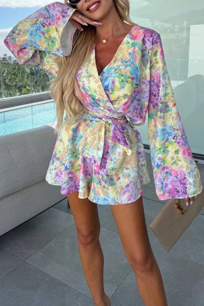 Watercolor floral bell sleeve fitted waist jumpsuit