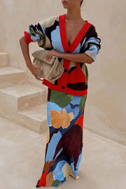 Bright and Bold Knit Abstract Color Blocks Button Long Sleeve Loose Cardigan