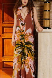 Beachside Bliss Floral Print V-neck Scarf A-line Maxi Dress