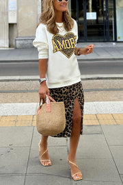 Leopard print love pullover sweatshirt