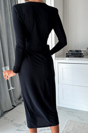 Miaoih Slim Fit V Neck Pleated Long Sleeve Midi Dress