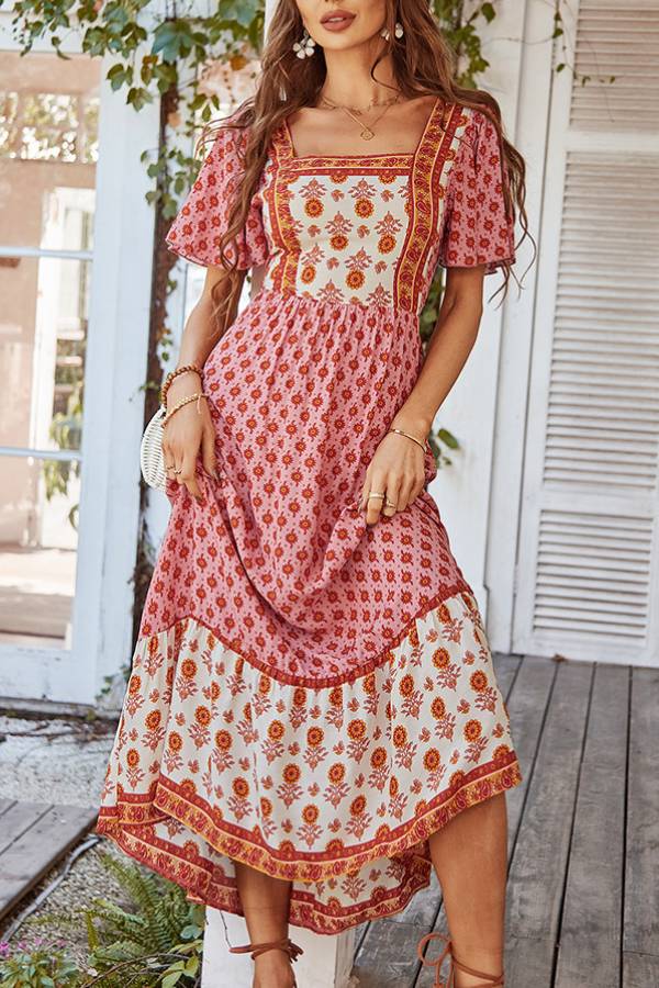 Ethnic-style printed square-neck dress