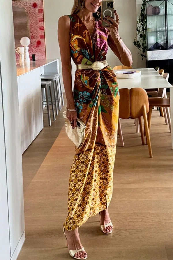 Naturally Inspired Satin Unique Floral Print Twist Waist Slit Drape Maxi Dress