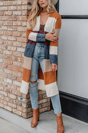 Knitted Color Block Open Front Long Cardigan