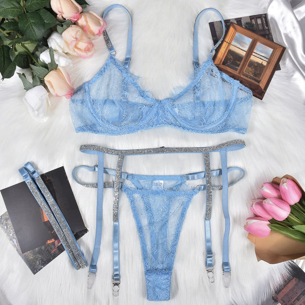 Sexy lingerie lace three-point sexy hot diamond leg ring three-piece set