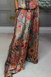 Boho Print Tassel Detail Casual Elastic Waist Pocket Wide-Leg Pants