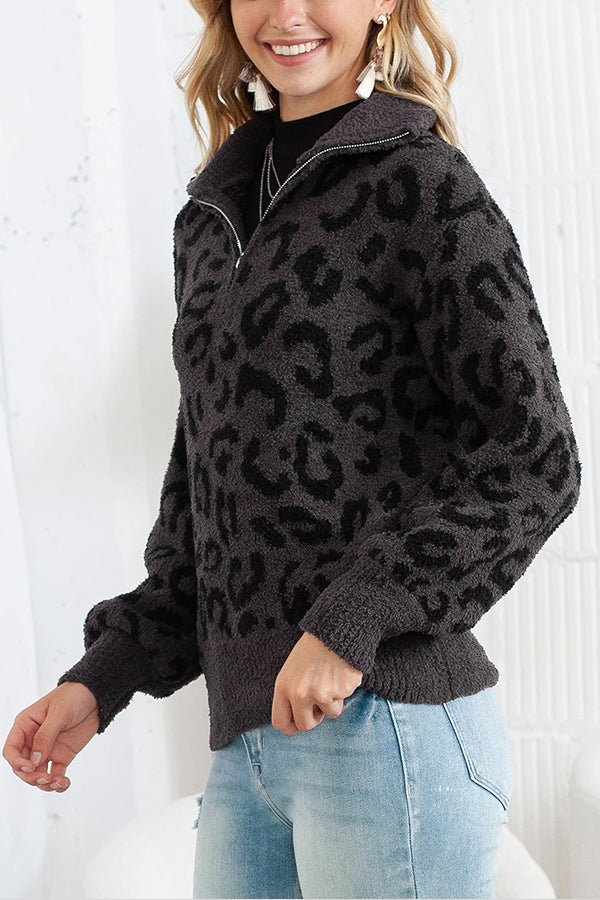 Casual Animal Print Zipped Collared Sweater