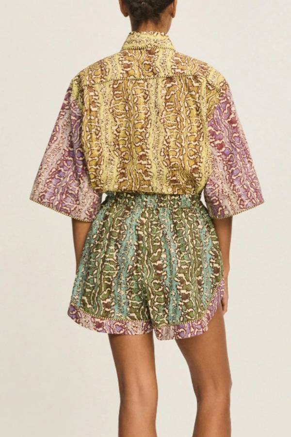 Color Block Snake Print Collar Half Sleeve Shirt & Shorts Set