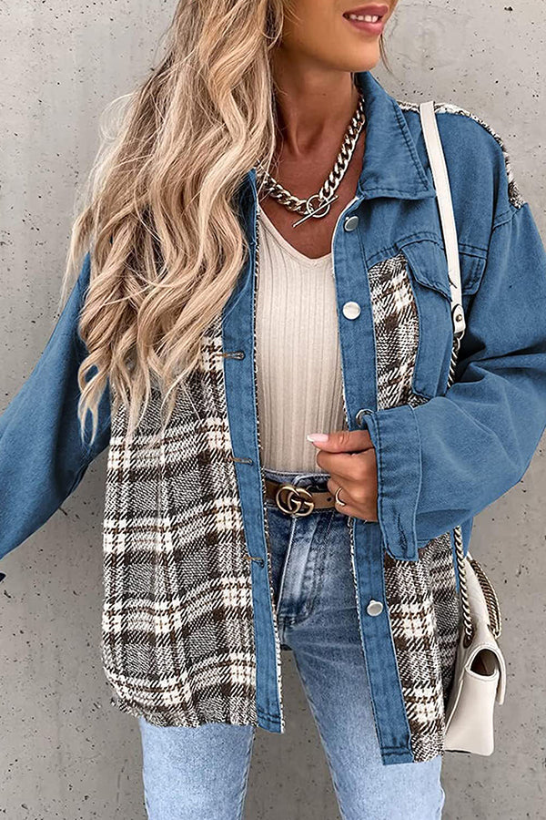 Denim Jacket Long Sleeve Check Button Down Shirt Jacket Top