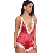 Sexy lace temptation deep V one-piece pajamas