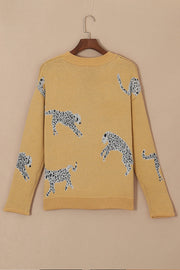 Camel Color Animal Print Drop Shoulder Knit Sweater