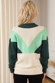 Geometric Color Block Knit Button V Neck Sweater