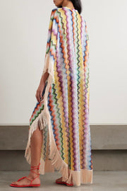 Mezcal Knit Colorful Zigzag Pattern Tassle Trim Loose Kaftan Maxi Dress