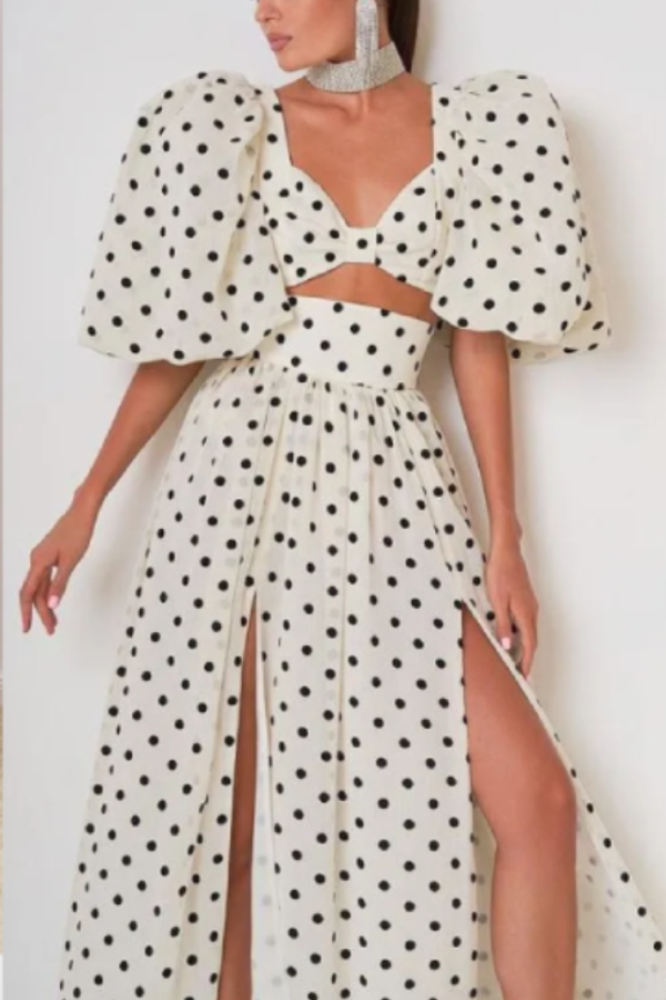 Puff Sleeve Waist Slit Hem Polka Dot Skirt Set