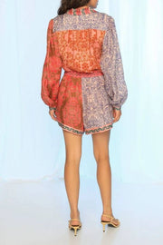 Retro patchwork patterned shirt collar jumpsuit shorts