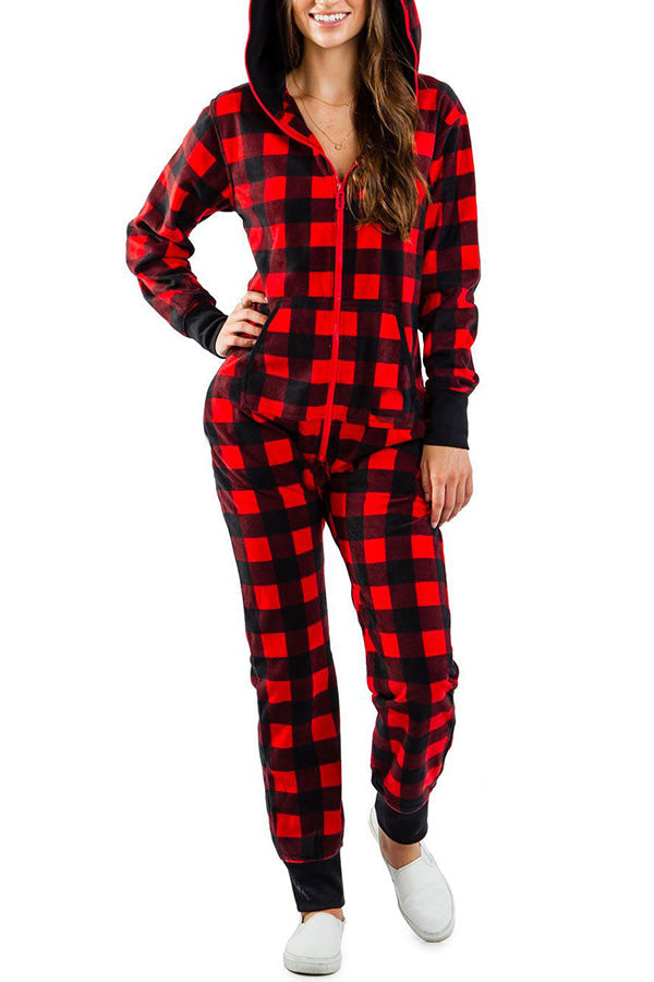 Christmas Print Zipper Pocketed Hooded Loungewear Jumpsuit