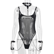 See-through mesh PU heavy metal chain sexy one-piece lingerie