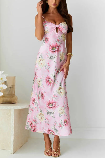 Sun Drenched Shores Satin Floral Print Cutout Bust Slip Midi Dress