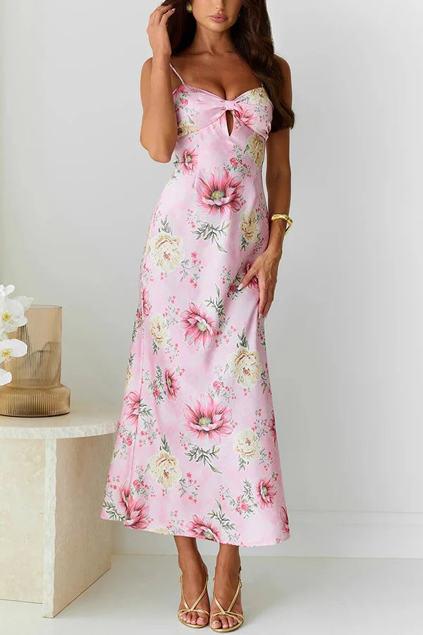 Sun Drenched Shores Satin Floral Print Cutout Bust Slip Midi Dress
