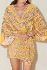 Mumbai's Flower Unique Print Batwing Sleeve Wrap Tie-up Boho Mini Dress