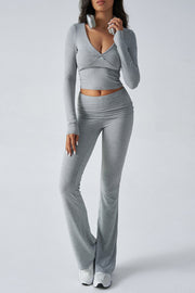 Women's Solid Color Simple Long Sleeve V-Neck Top And Trousers Knit Two-Piece Set