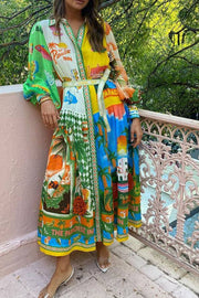 Summer Vacation Style Printed Long-sleeved Dress