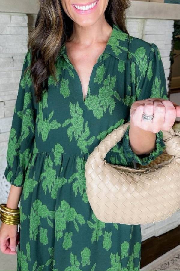 Floral print shirt collar mid-length dress