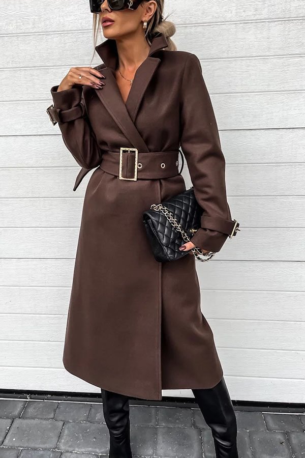 Style Expedition Woolen Belted Metal Button Lapel Midi Trench Coat
