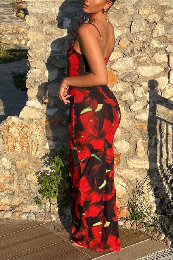 U Neck Hibiscus Print Bodycon Maxi Cami Dress