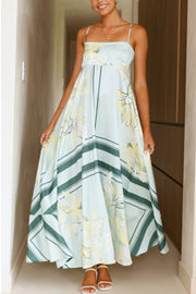 Botanical Print Square Neck Suspender Casual Full Hem Maxi Dress