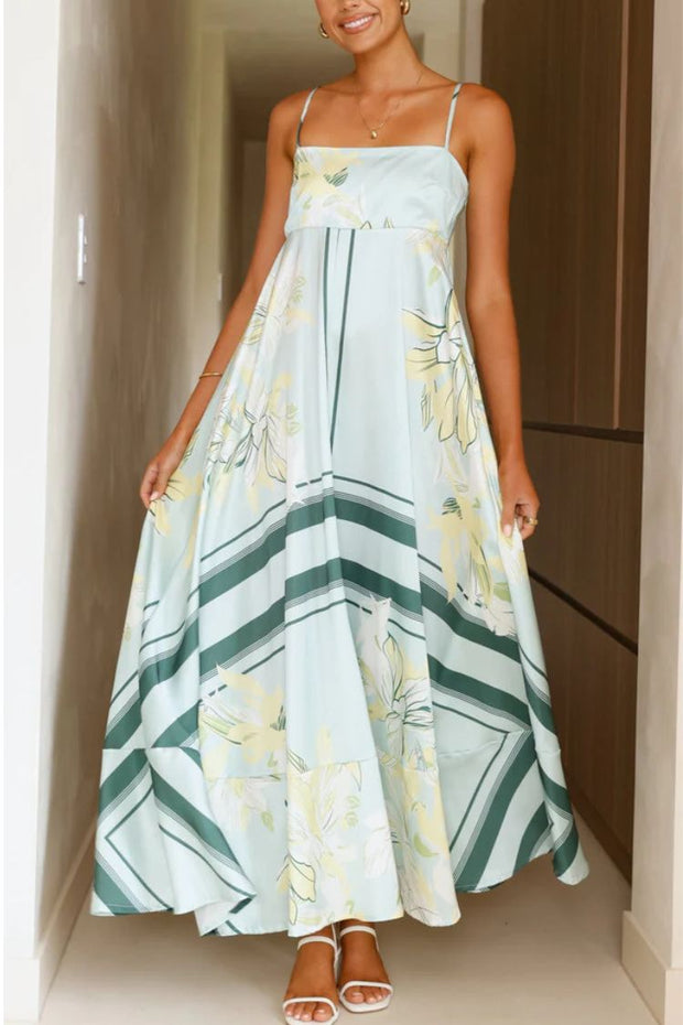 Botanical Print Square Neck Suspender Casual Full Hem Maxi Dress