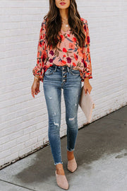 PEACH BLOSSOM PRINTED PLEATED LONG SLEEVE TOP