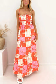 Resort Style Printed Suspender Pleated Loose Maxi Dress