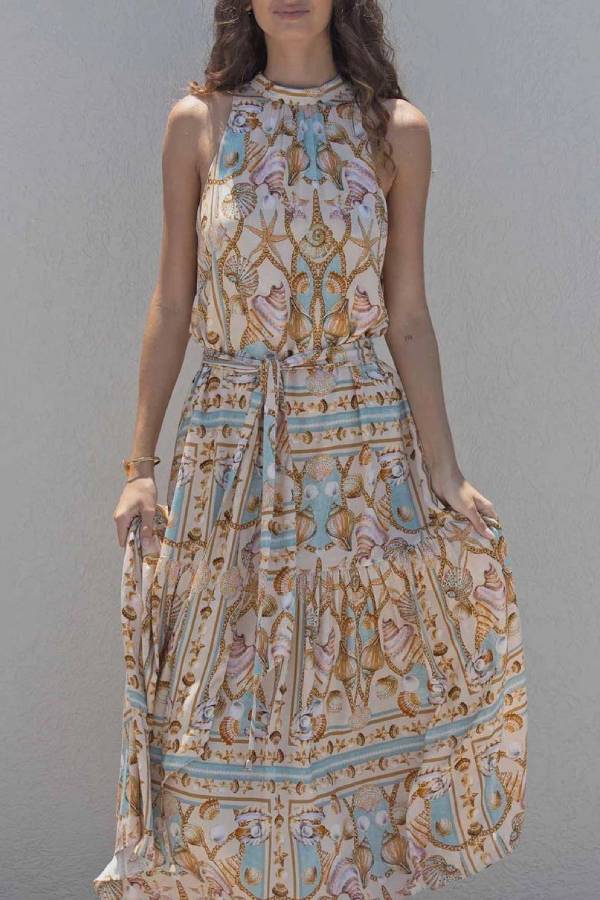 Exquisite Satin Ocean Treasure Print Maxi Dress