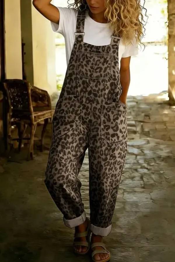 Women's Vintage Leopard Print Adjustable Strap Overalls
